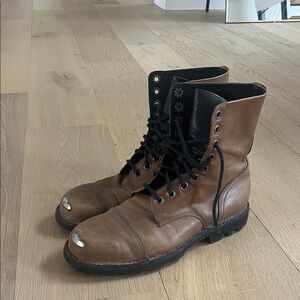 Diesel Brown Leather Lace-Up Combat Boots with Black Collar